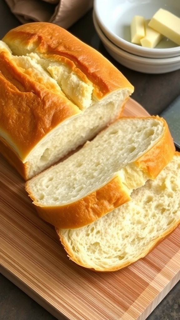 Homemade Sandwich Bread in the Bread Machine A golden brown loaf of sandwich bread sliced on a wooden board, with butter and a knife.